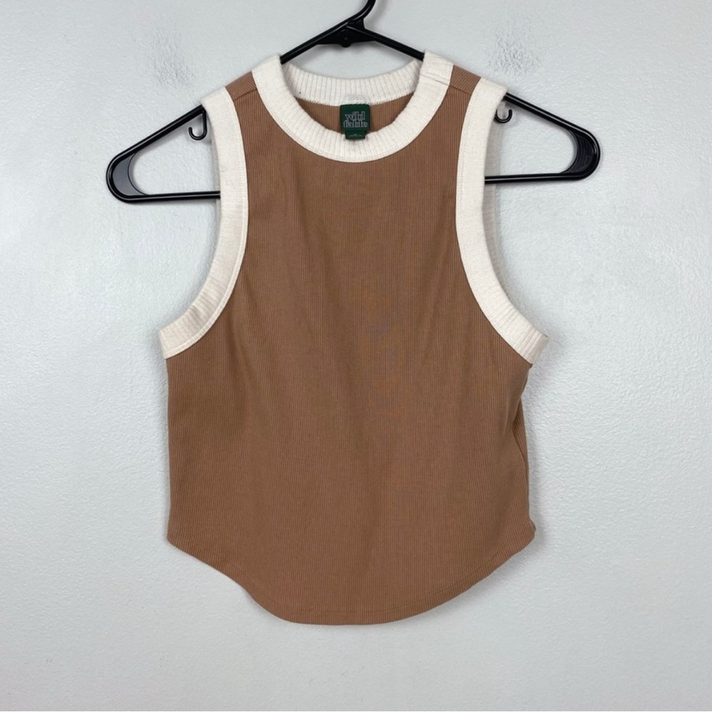 Wild Fable Brown Ribbed Crop Tank High Neck Cream Trim Y2K Minimalist Size M